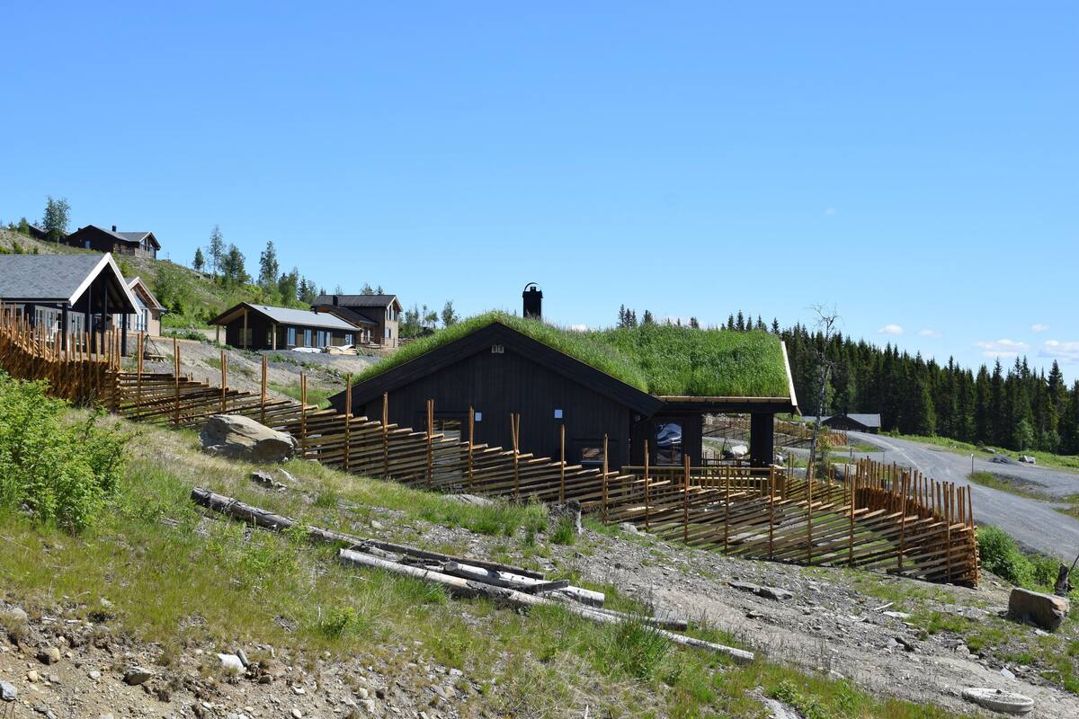 A rural cabin with a green roof, surrounded by wooden fences and a dirt path.