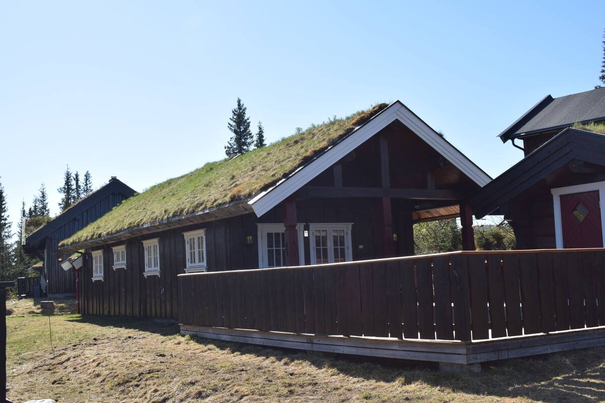 A wooden cabin with a grass roof, a wooden deck, and a clear sky.