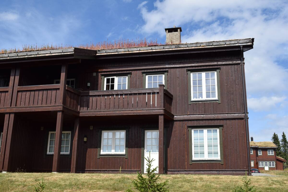 A two-story wooden house with a balcony, large windows, and a chimney.
