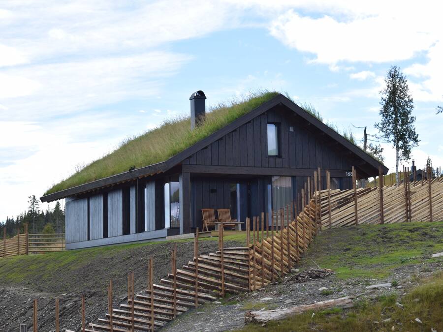 A modern house with a grass-covered roof, wooden staircase, and a view of the surrounding landscape.