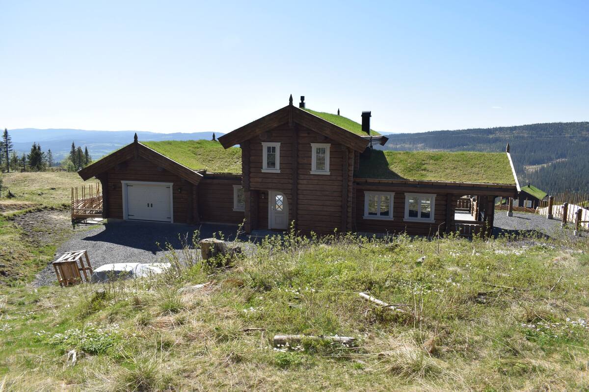 A wooden cabin with a garage, a covered porch, and a grassy hill in the background.