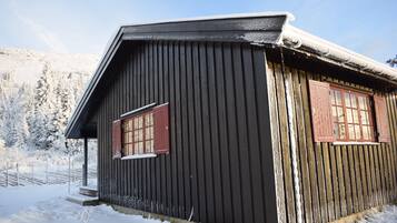 Una cabaña de madera con techo inclinado, un pequeño porche y una ventana con contraventanas.