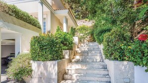 Un escalier en marbre menant à l’entrée d’un bâtiment, entouré d’une végétation luxuriante et bordé d’un mur blanc.
