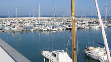 Un puerto deportivo con numerosos barcos amarrados, agua tranquila y cielo despejado.
