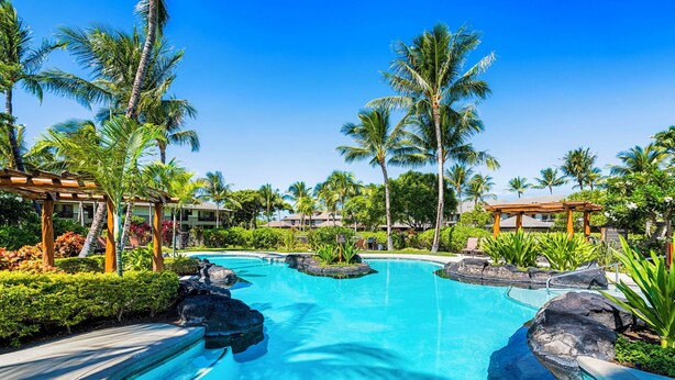 A resort pool with palm trees, a pergola, and a clear blue sky.
