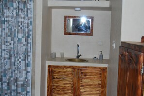 Chuveiro, secador de cabelo, toalhas de banho, sabonete