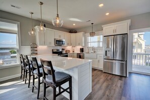 Fridge, microwave, oven, stovetop - Topsail Turvy: 4 Bed Home - Ocean + Sound Views - Elevator, Near Beach Access (North Topsail Beach)