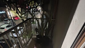 A staircase with a metal railing, wooden steps, and a view of the street below. - Figoli guesthouse (Oristano)