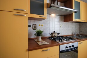 A kitchen with yellow cabinets, a stove, a sink, and a potted plant.
