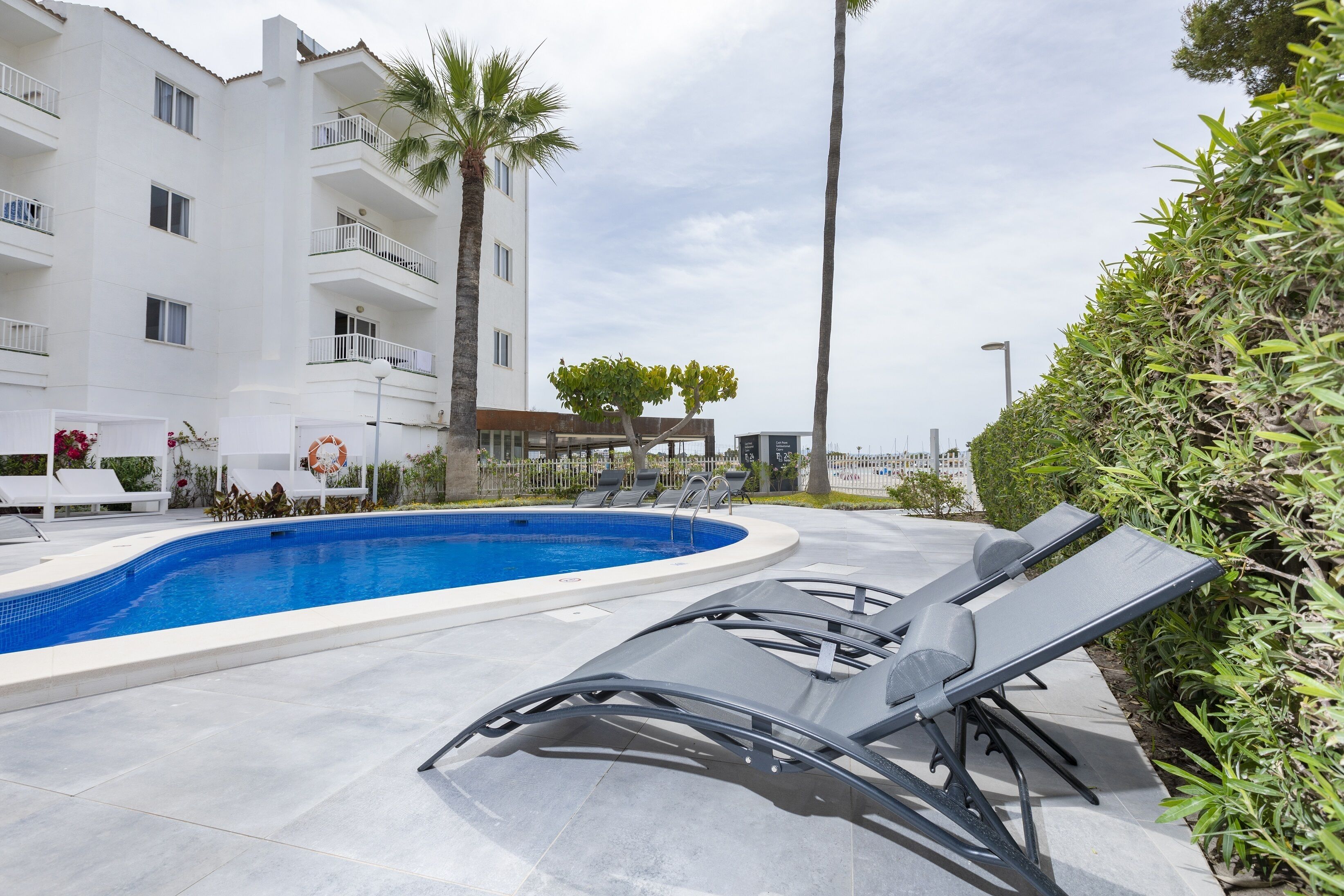 Una piscina con sillas de descanso, un edificio blanco con balcones y una palmera.