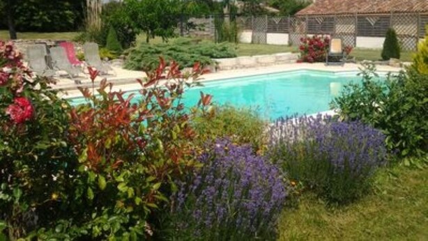 A swimming pool surrounded by lush greenery and a variety of plants. - 6 bedroom Traditional Farmhouse, large pool, indoor & outdoor games areas. (Rives-d'Autise)