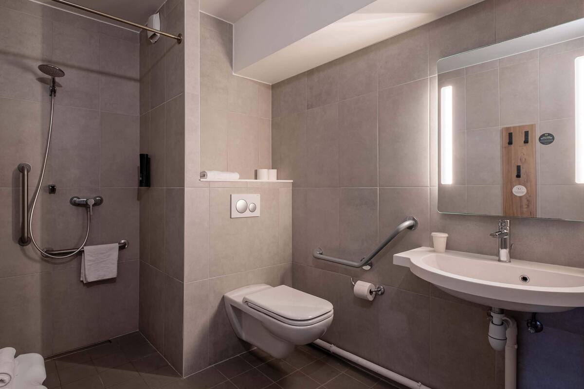 double room, accessible, non smoking | bathroom | shower, hair dryer, towels, soap