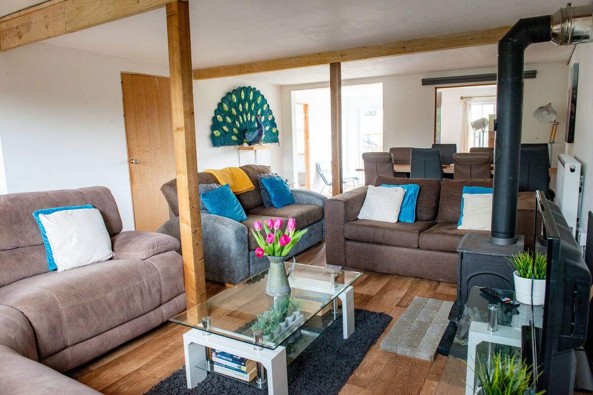 A living room with two sofas, a glass coffee table, a peacock artwork, and a wood-burning stove.