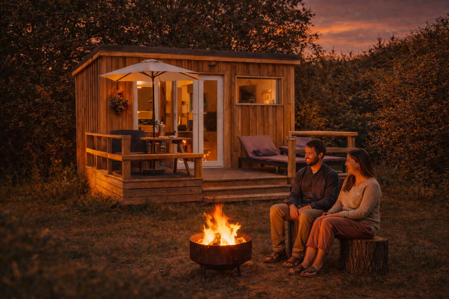 A wooden cabin with a deck, a fire pit, and a couple sitting outside.