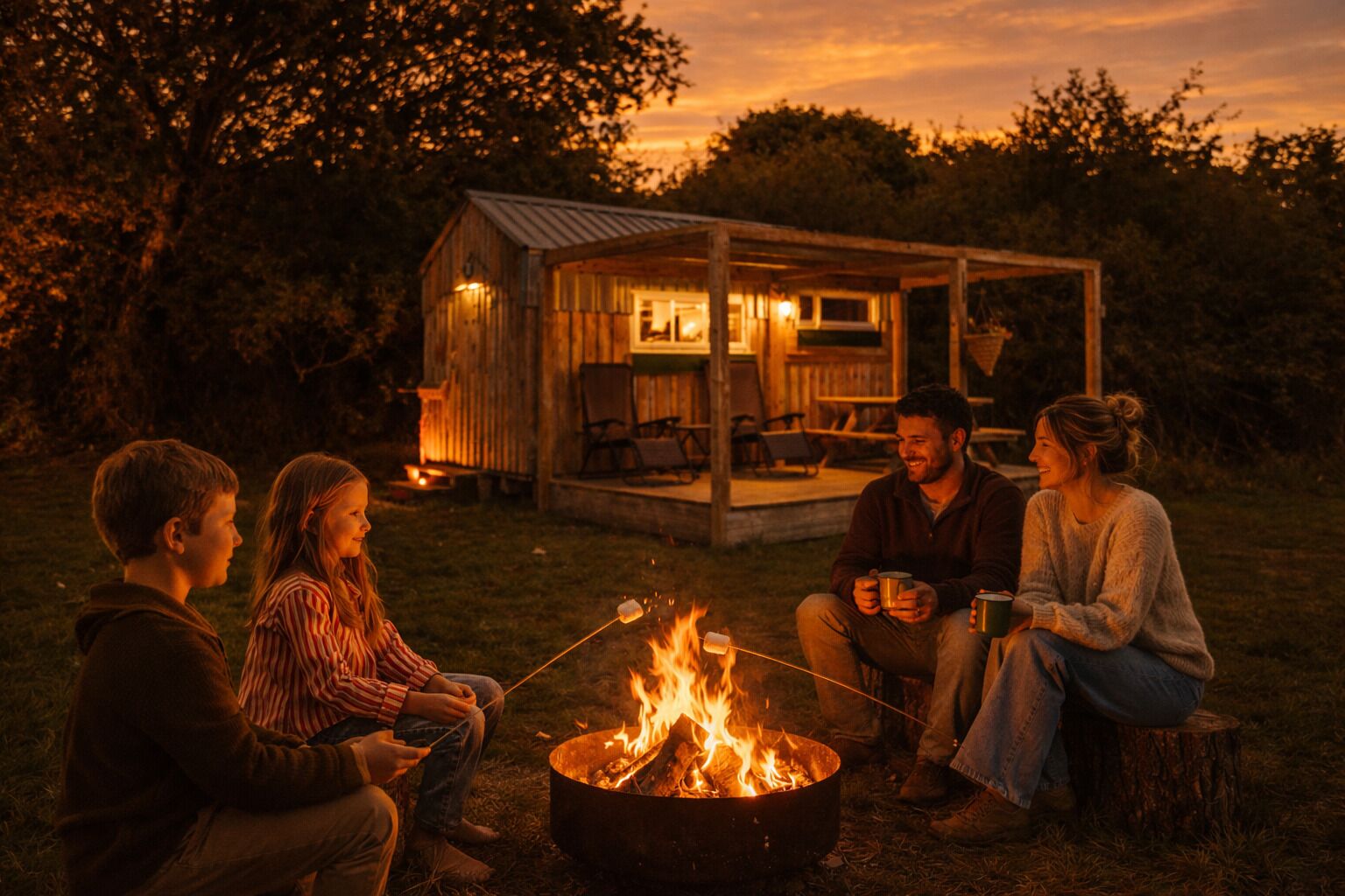 A group of people around a campfire with a wooden structure in the background.