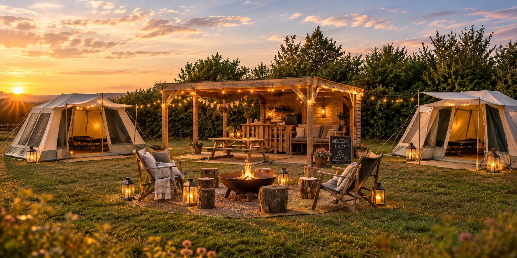 Un terrain de camping avec des tentes, un espace de repos couvert, un foyer et des lanternes.