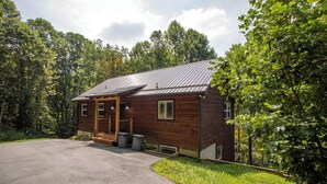 A rustic cabin with a metal roof, wooden walls, and a front porch. - Pristine Cabin in Heart of Boone (Vilas)