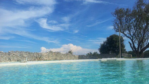 A clear pool with a stone wall and a tree in the background. - 1891 Falcon Home Resort (Lizzanello)