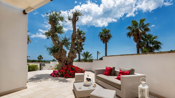 Une terrasse extérieure avec des meubles en osier, une lanterne blanche et un grand arbre aux fleurs rouges.
