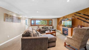 Smart TV, fireplace, books