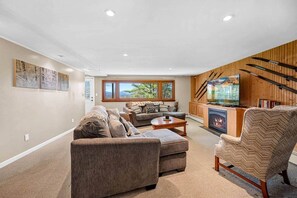 Smart TV, fireplace, books