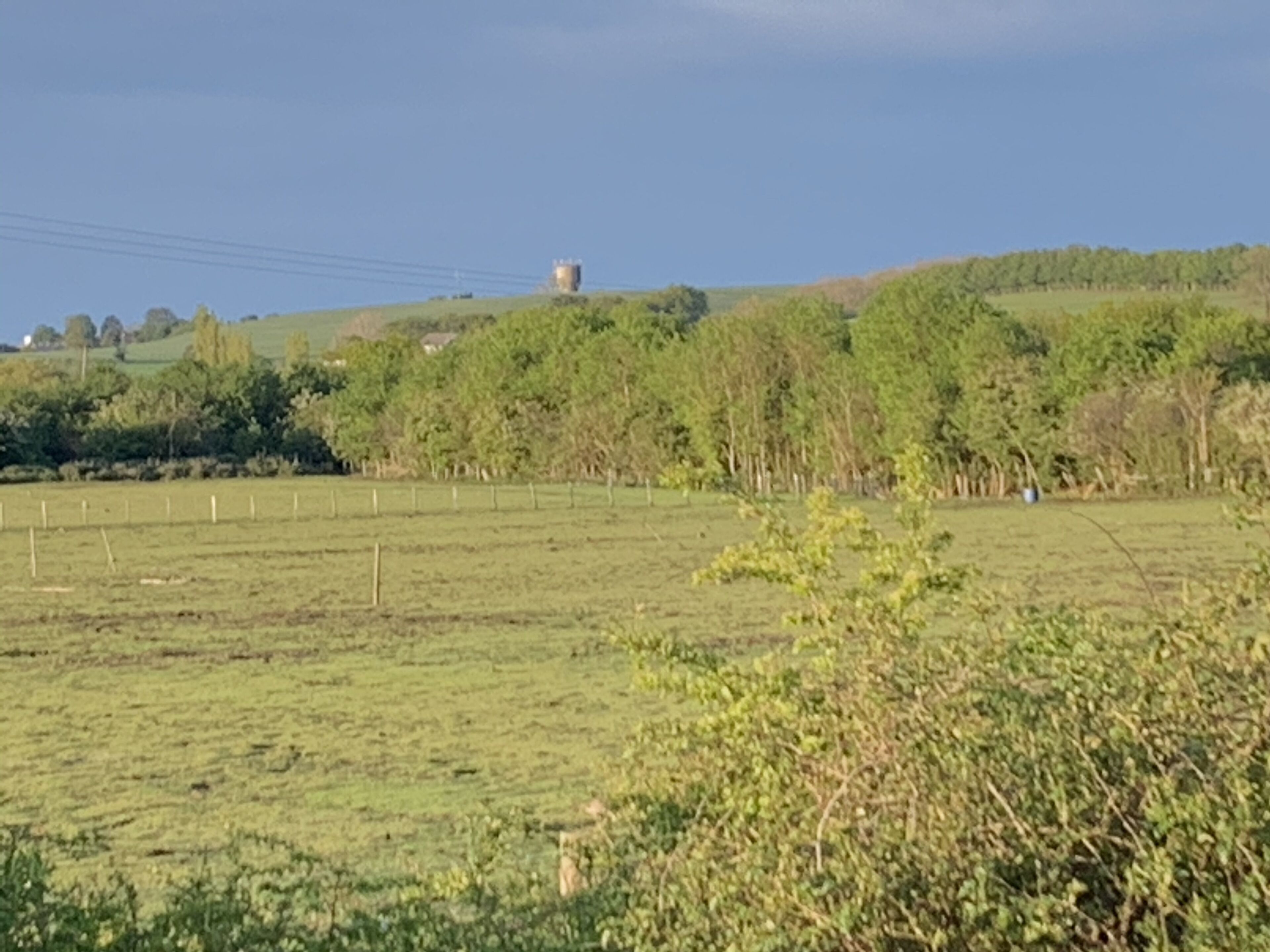A rural landscape with a water tower on a hill, fields, and trees.