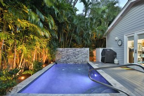 A swimming pool with a stone wall and lush tropical vegetation.