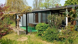 Une maison moderne dotée d’un patio couvert, entourée d’une végétation luxuriante et d’arbres.