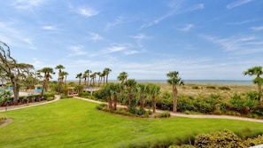 A well-maintained lawn with a pathway leading to a pool area, surrounded by palm trees and a view of the beach.