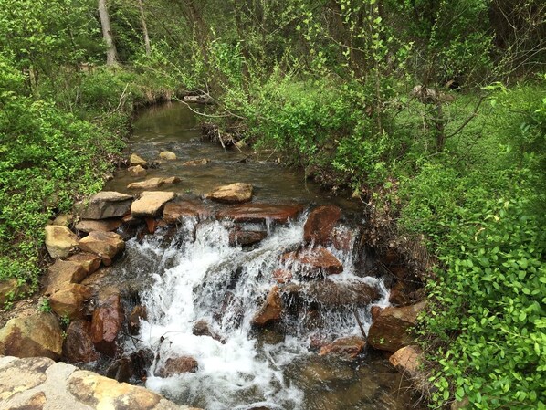 A natural stream flowing over rocks in a forested area.