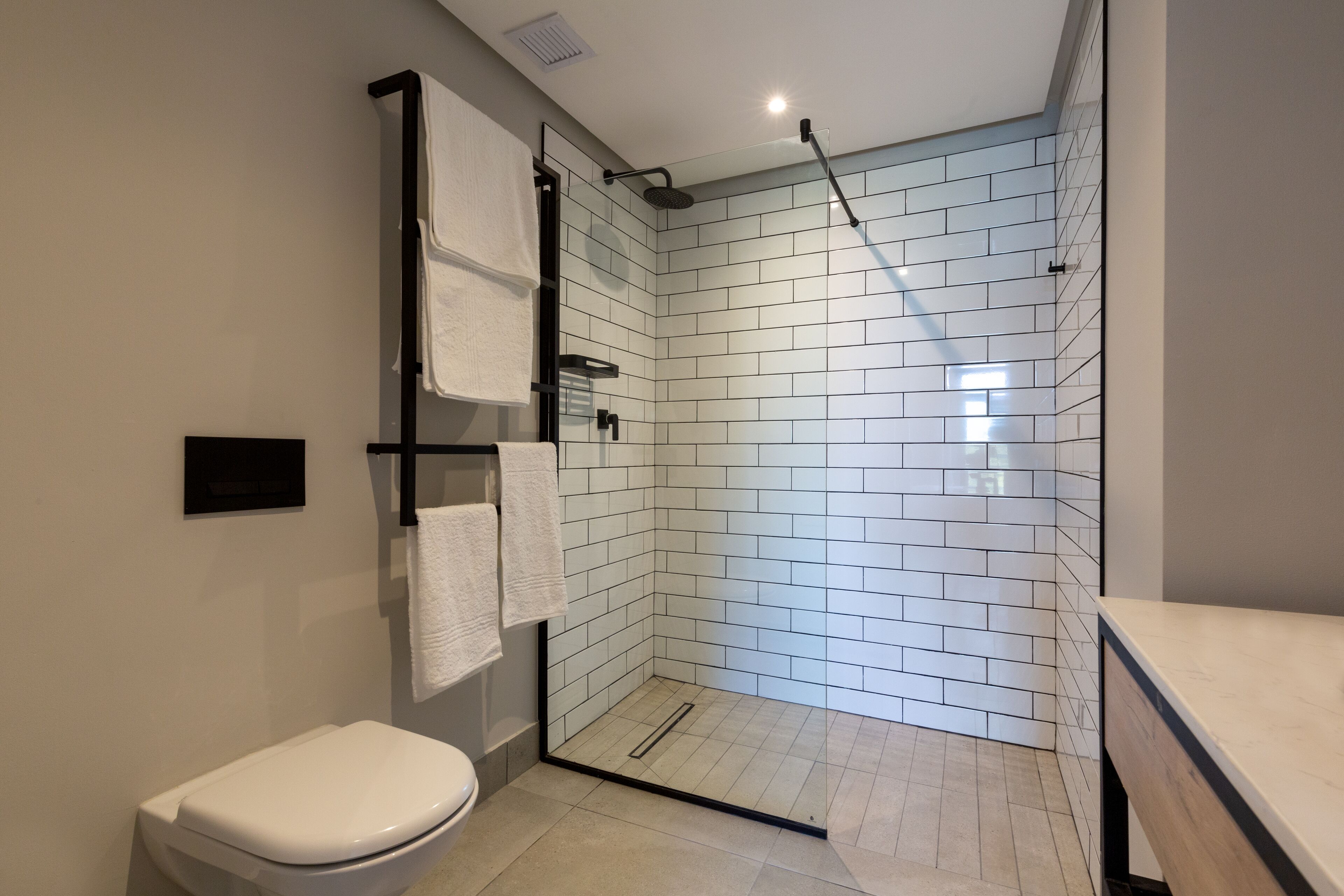 A modern bathroom with a glass shower enclosure, a toilet, and a sink.