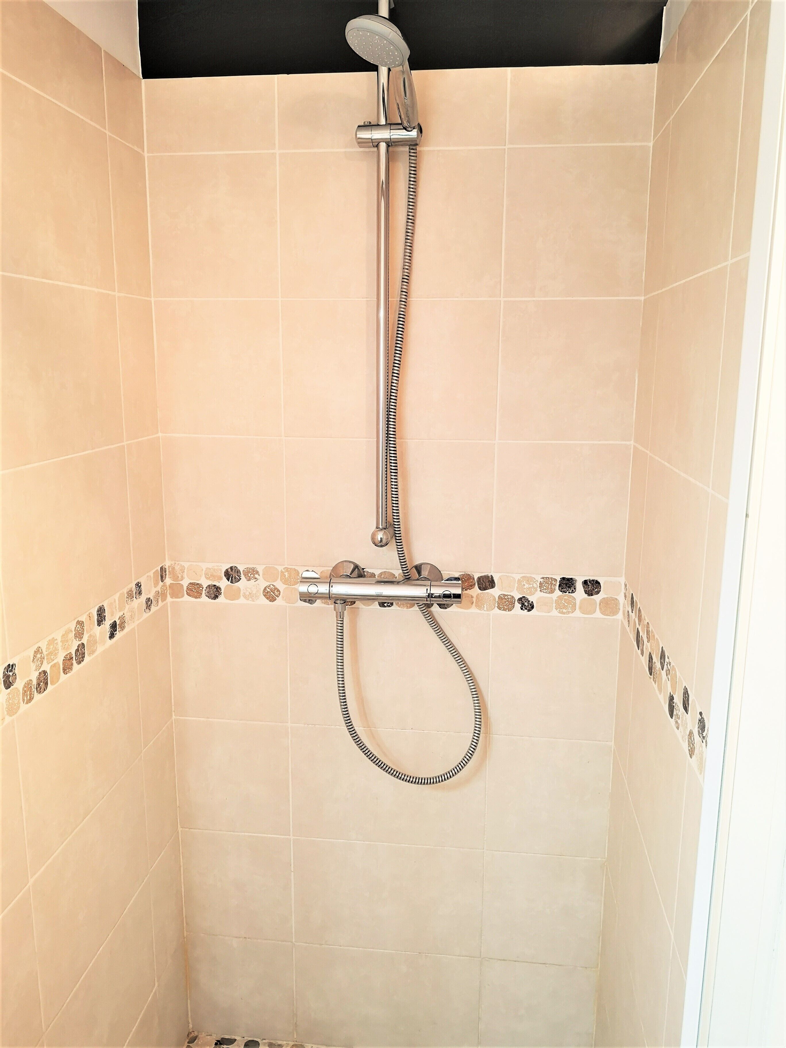 Regadera, toallas, papel de baño 