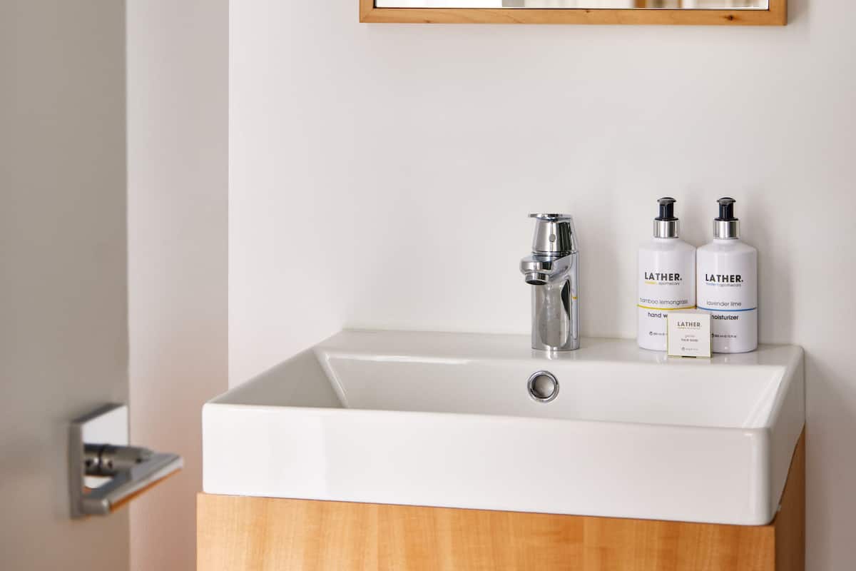 combined shower/bathtub, free toiletries, hair dryer, towels