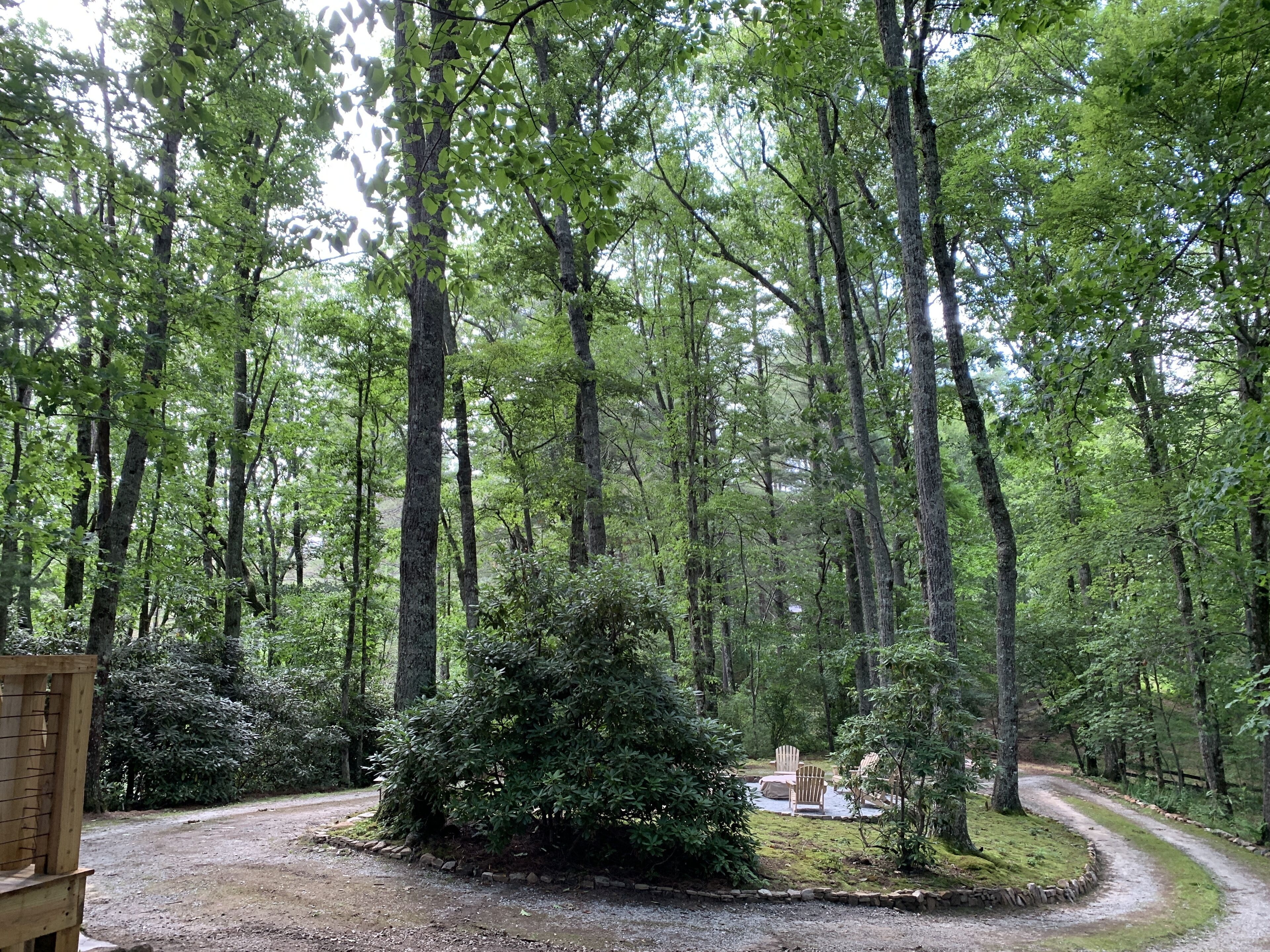 A forested campsite with a gravel path, wooden deck, and picnic tables.