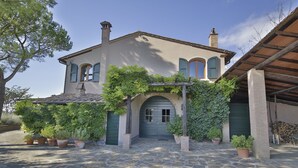 A Mediterranean-style house with a stone patio, a green door, and potted plants. - MY TUSCANY VILLA: Absolute privacy, between pine and olive trees (Palaia)