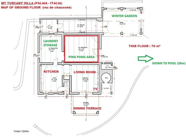 A floor plan of My Tuscany Villa with a ground floor layout including a kitchen, living room, dining terrace, laundry storage, and ping pong area.