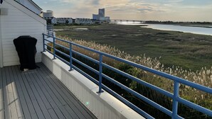Eine Terrasse mit Geländer, die auf eine Wiese und ein Gewässer blickt.