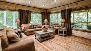 A cozy cabin interior with a wooden ceiling, large windows, a sofa set, a coffee table, and two lamps. - Luxury, Cozy & Fun ★ Pool, Hot Tub, Theater, Games (Sevierville)