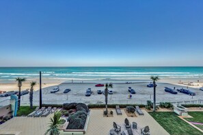 On the beach, sun-loungers, beach towels