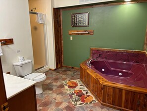 Shower, jetted bath, hair dryer, towels
