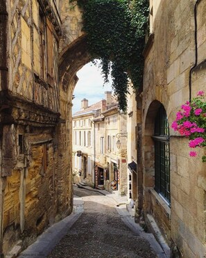 A narrow alleyway with stone buildings, an archway, and a flower box on the right. - Heated pool, single-storey, rural location. Near restaurants and historic towns (Pardaillan)