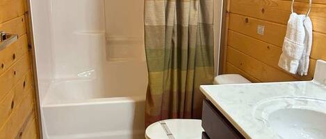 Combined shower/tub, hair dryer, towels, soap