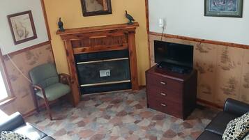 Smart TV, fireplace, video games, DVD player