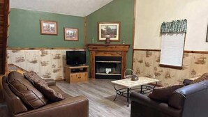 Ein Wohnzimmer mit grünen Wänden, einem Kamin, einem Fernseher und zwei Sofas.