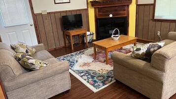 Smart TV, fireplace, video games, DVD player