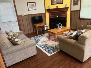 Smart TV, fireplace, video games, DVD player