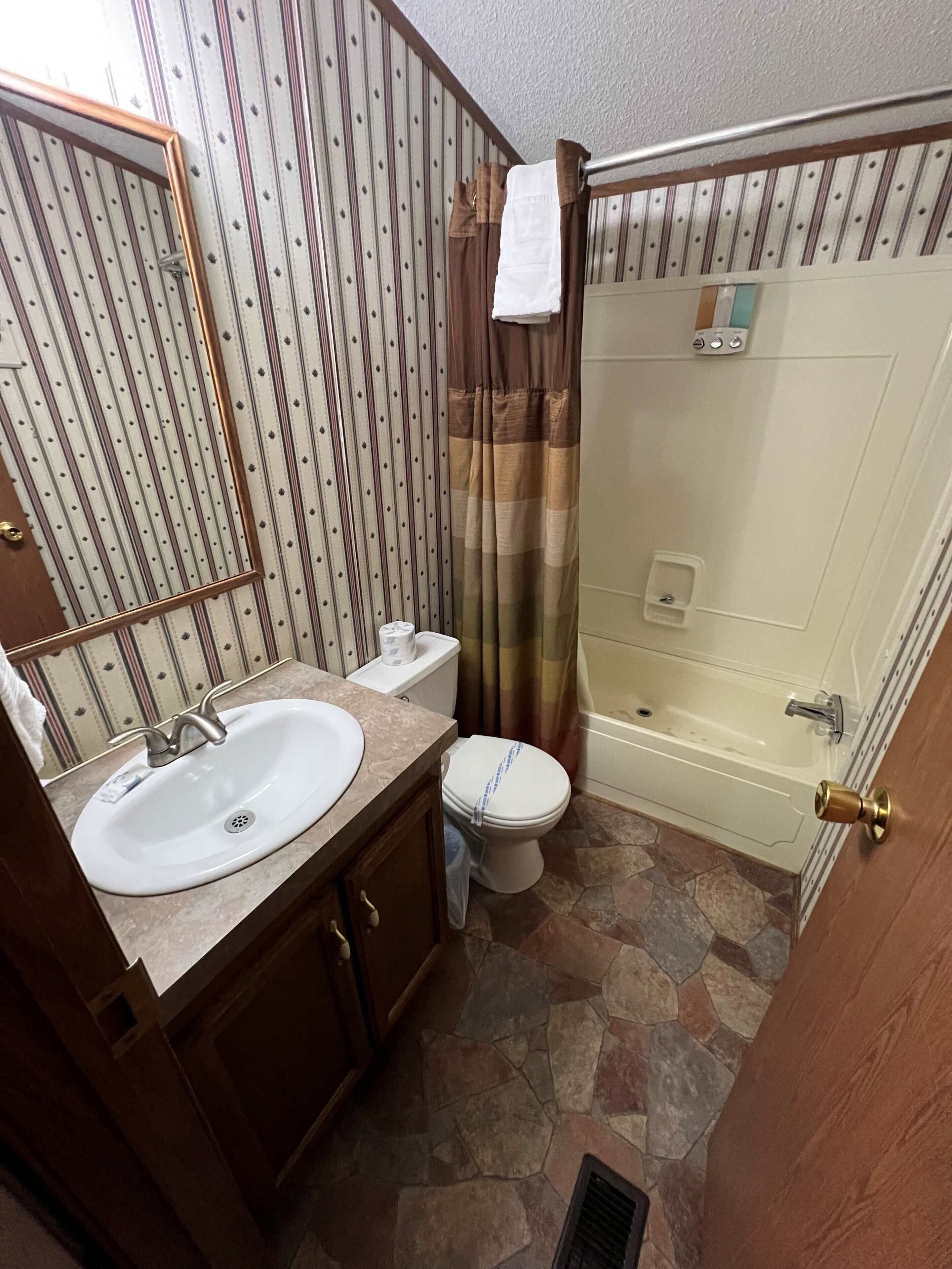 Combined shower/tub, hair dryer, towels, soap