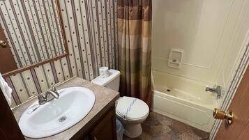 Combined shower/tub, hair dryer, towels, soap