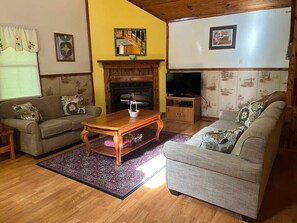 Smart TV, fireplace, video games, DVD player