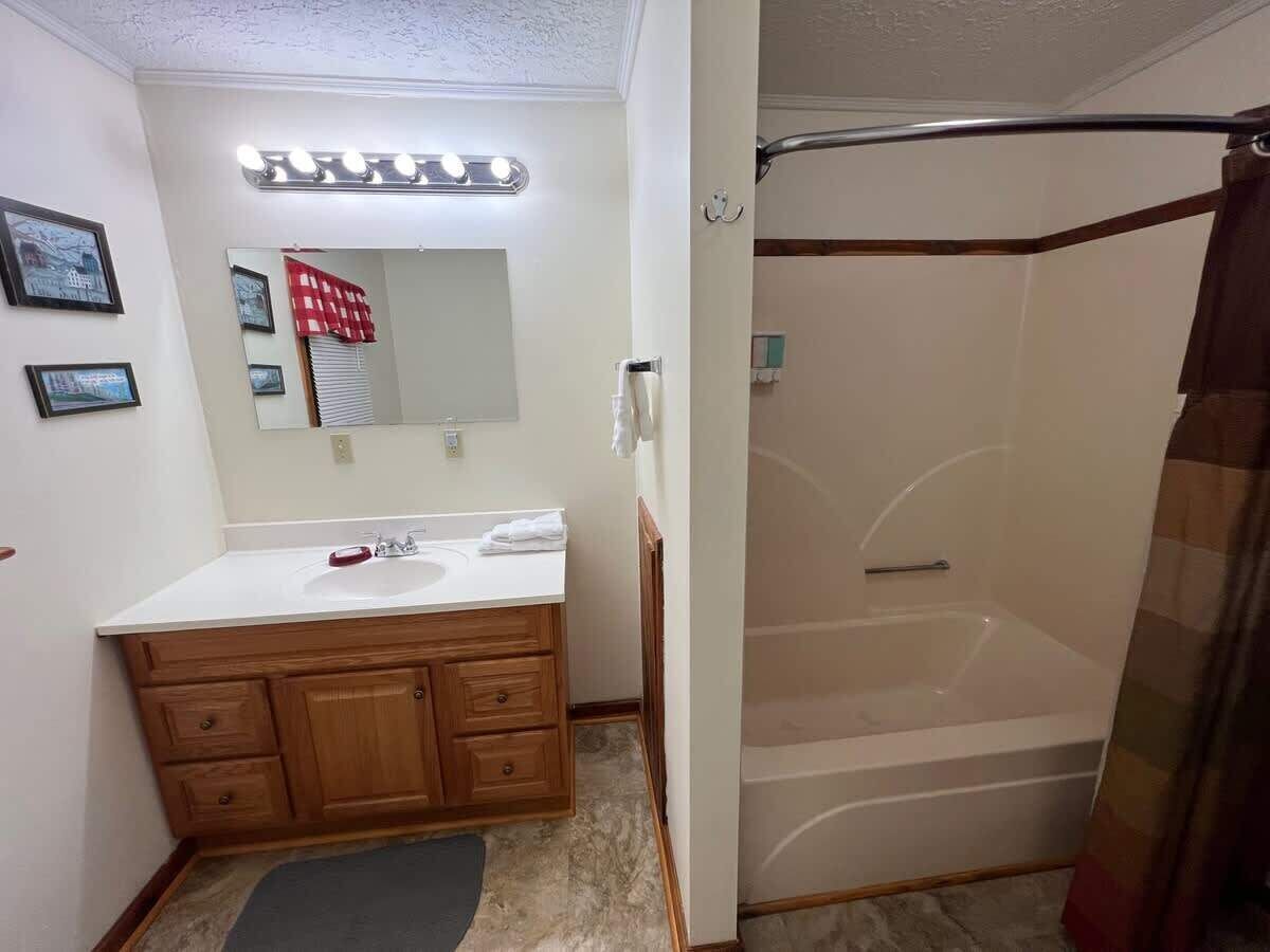 Combined shower/bathtub, hair dryer, towels, soap